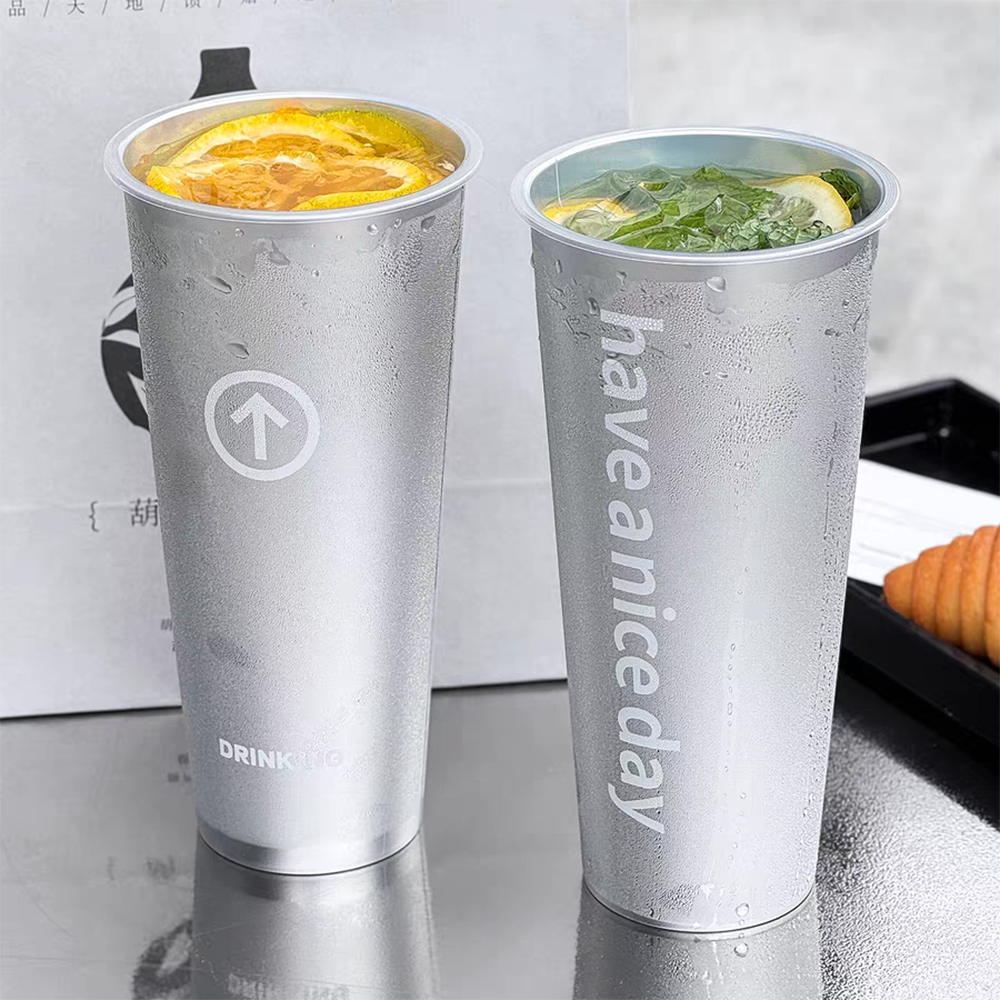 Metallic IML cup compared with surface printed cup