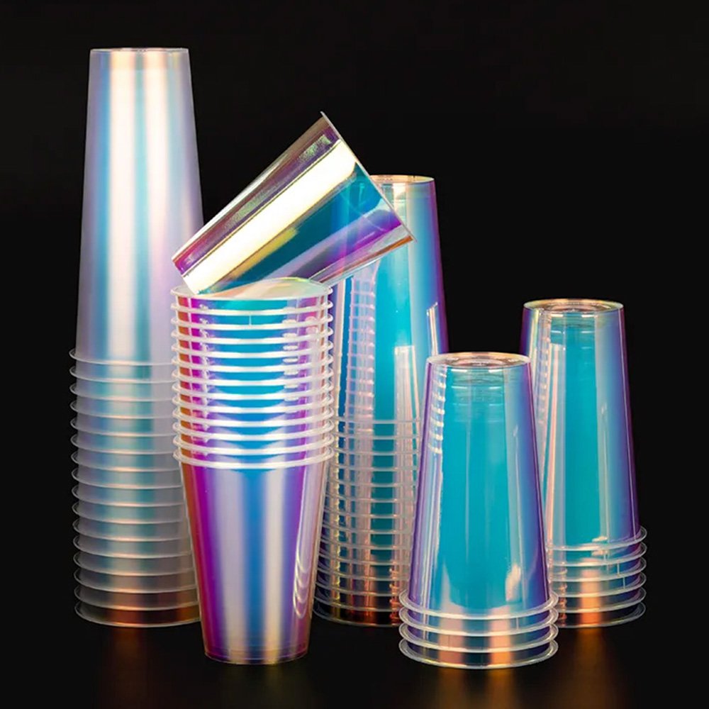 Holographic rainbow cups shifting color under light